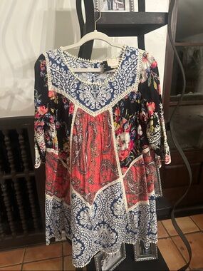 Vanessa Virginia Boho Patchwork Midi Dress in Black, Red & Blue